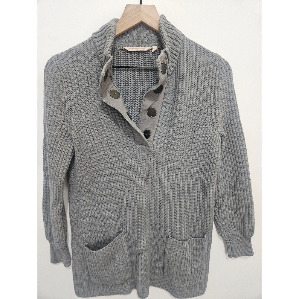 Soft Surroundings Gray Ribbed Mock Neck‎ Snap Button Sweater PXS 3BV93